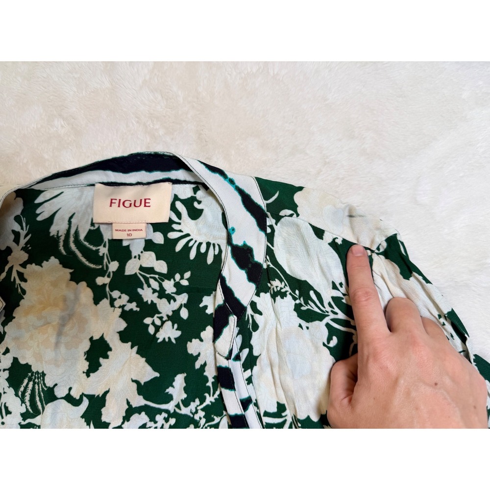 Figue Calliope Wrap Dress Green White Floral Striped V-Neck Bell Cuff Maxi - Picture 8 of 11